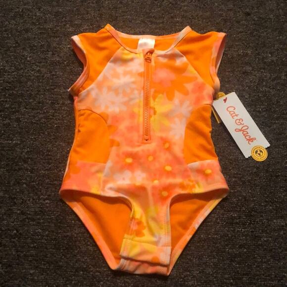 Cat & Jack Brand Girl's size 12 NWT Swimsuit Orange & Pink Floral Zipper - Picture 1 of 4